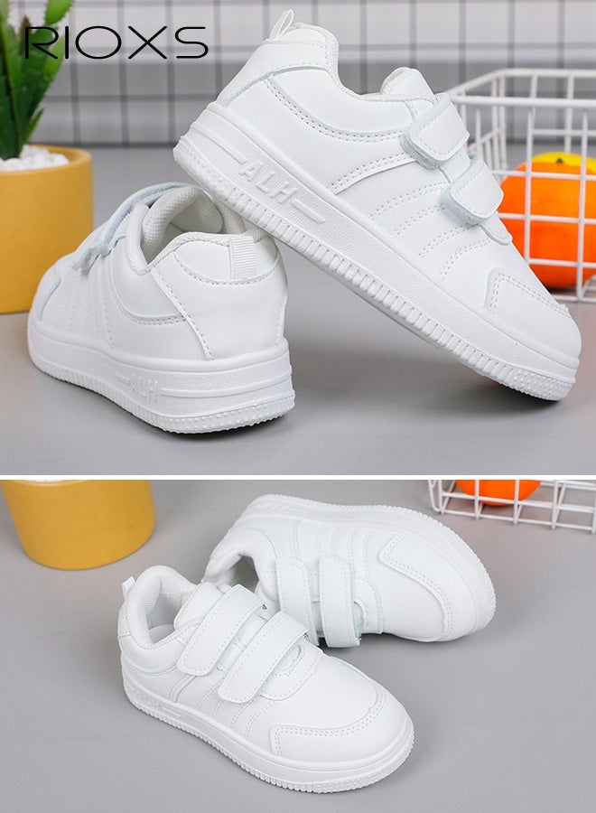 RIOXS Kids' Waterproof White Casual Sneakers, Breathable Faux Leather with Velcro Closure and Non-Slip Rubber Sole, Comfortable Walking Shoes for Girls, Lightweight Everyday Sneakers for Boys, Perfect for School, Strolls, Daily Wear, and Sports, White - Image 5